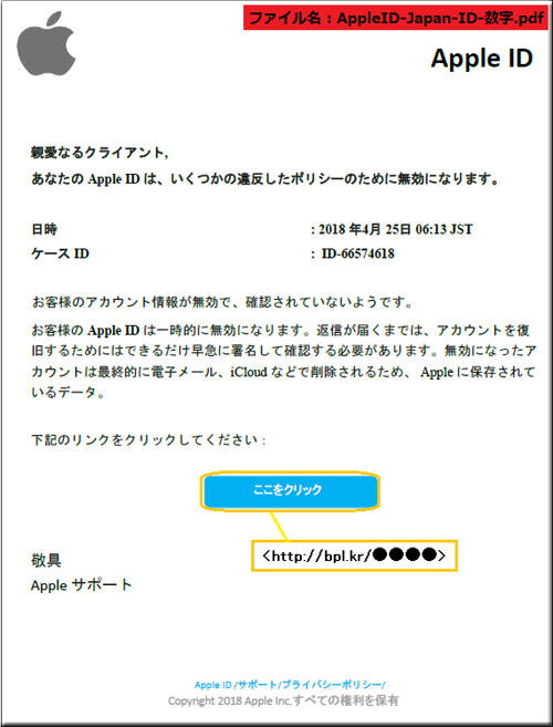 Apple アップルストア フィッシングメール フィッシングサイト 偽サイト PDF ファイル 添付