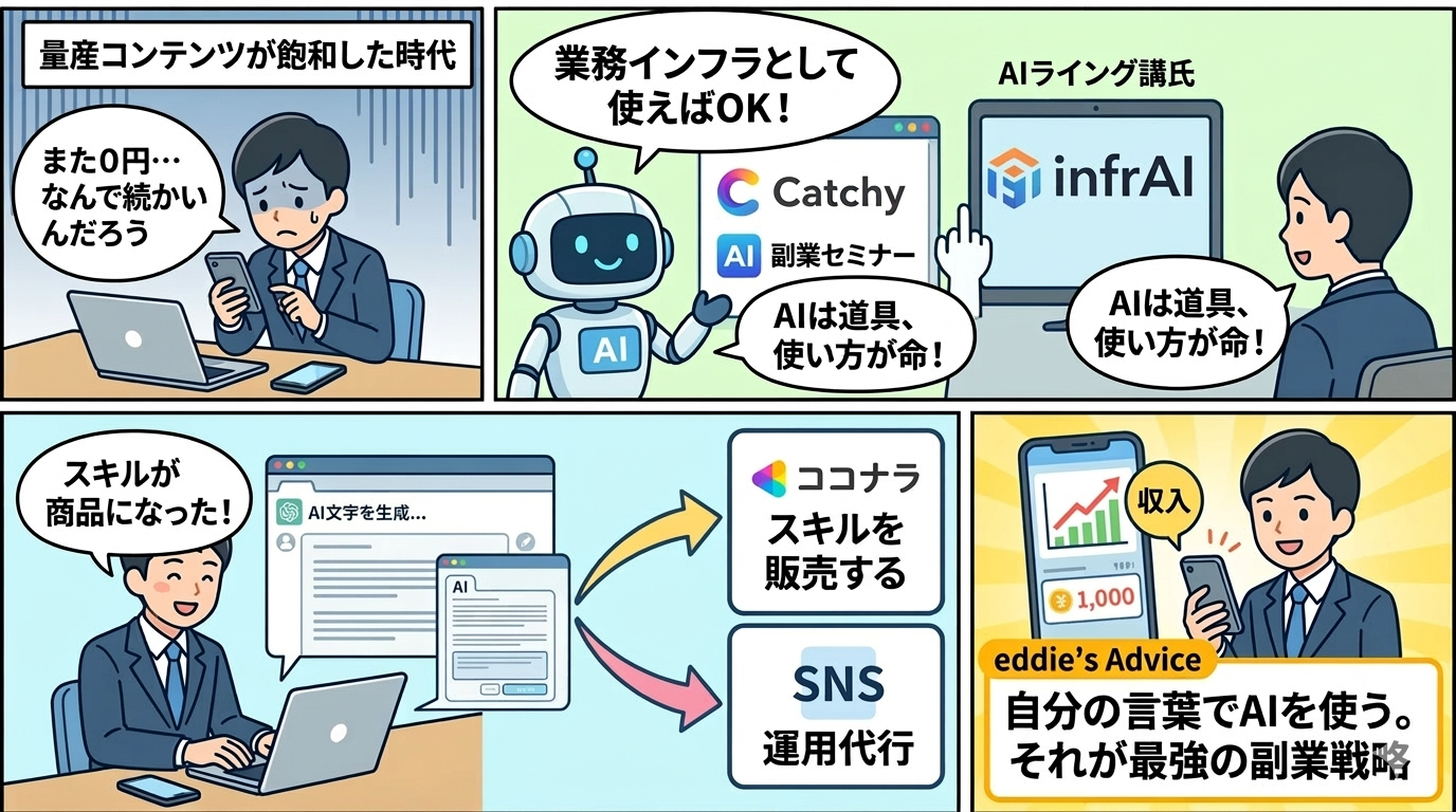 AI副業の流れを解説した4コマ漫画:課題提起からスキル販売・SNS運用代行・eddie's Adviceまで