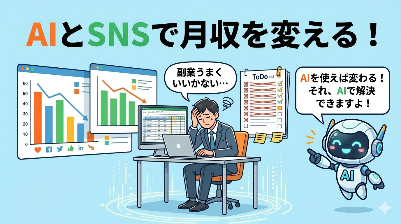 副業がうまくいかない悩みをAIが解決する導入イラスト