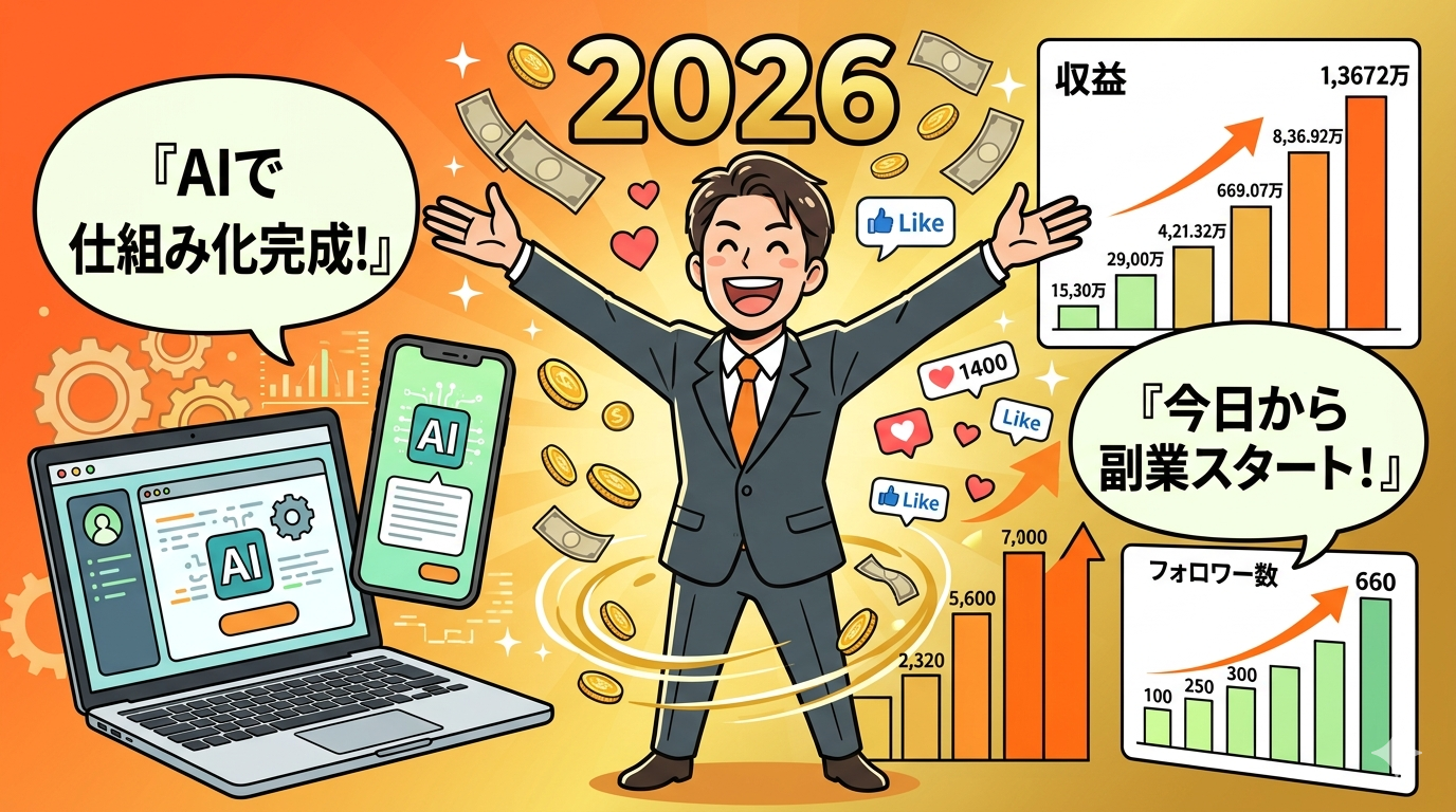 2026年AI副業で仕組み化に成功し収益とフォロワーが増加した未来イメージのイラスト