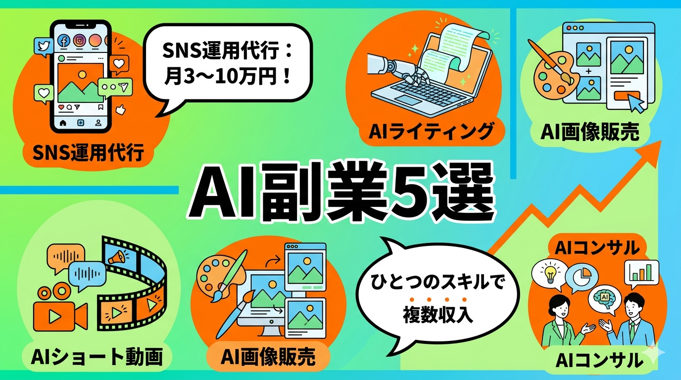 AI副業5選のインフォグラフィック:SNS運用代行・AIライティング・AIショート動画・AI画像販売・AIコンサル