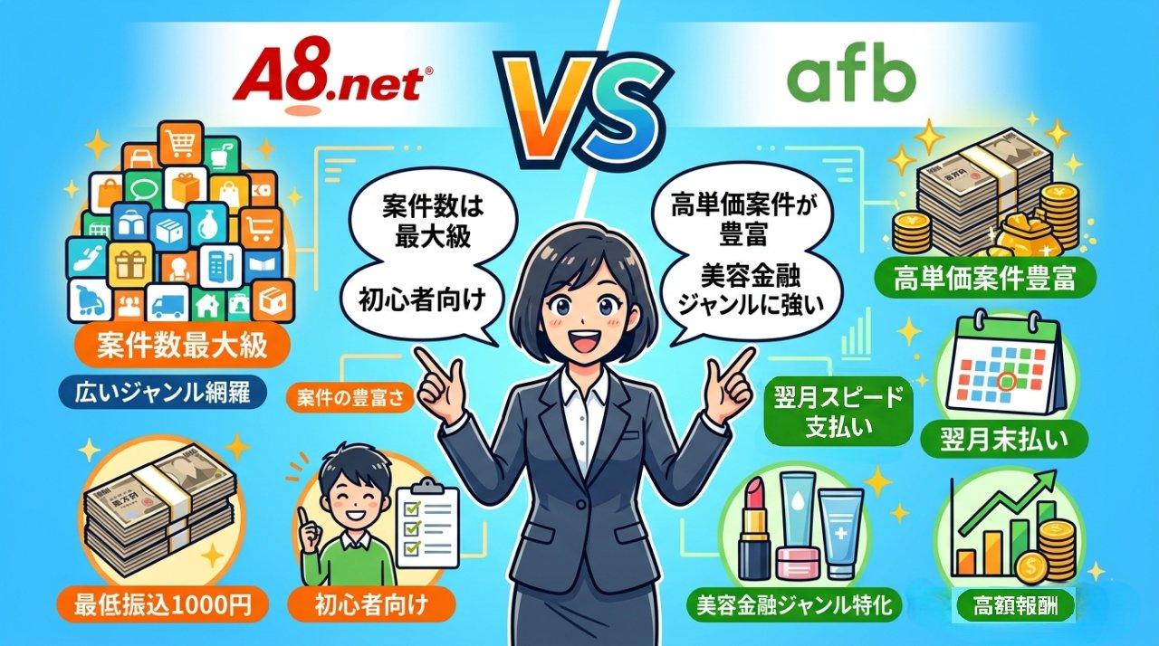 A8.netとafbの機能・特徴を比較した図解イラスト