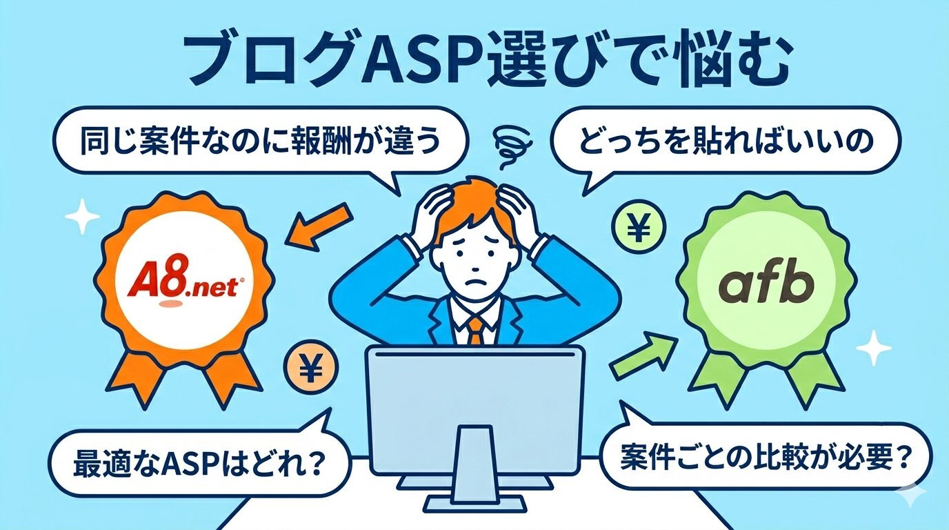 ブログASP選びで悩むブロガーの課題提起イラスト