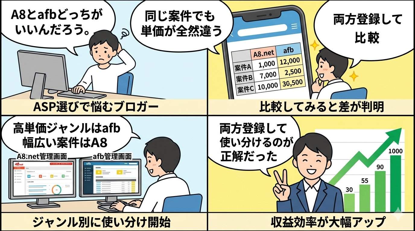 A8.netとafbの使い分けで収益アップする4コマ漫画