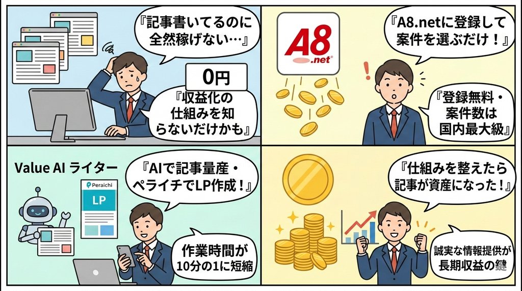A8.net登録・サイト審査・提携申請・広告設置の4ステップ図解4コマ漫画