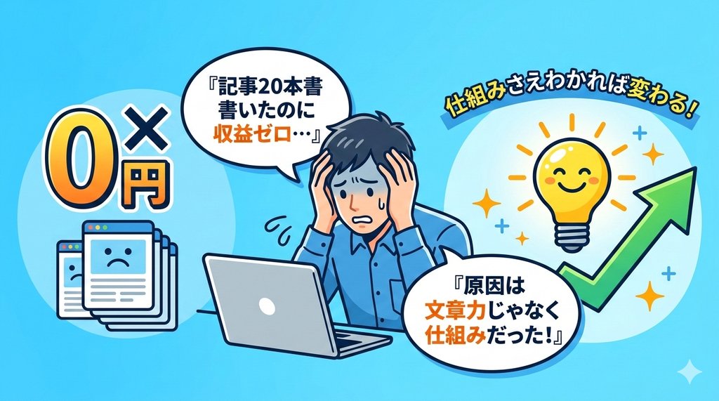 記事20本書いても収益ゼロ——原因は文章力じゃなく仕組みだった