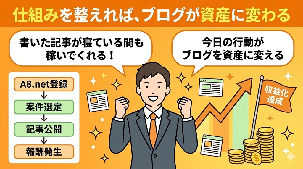 仕組みを整えれば書いた記事が資産になる——A8.net登録から収益化達成までのフロー