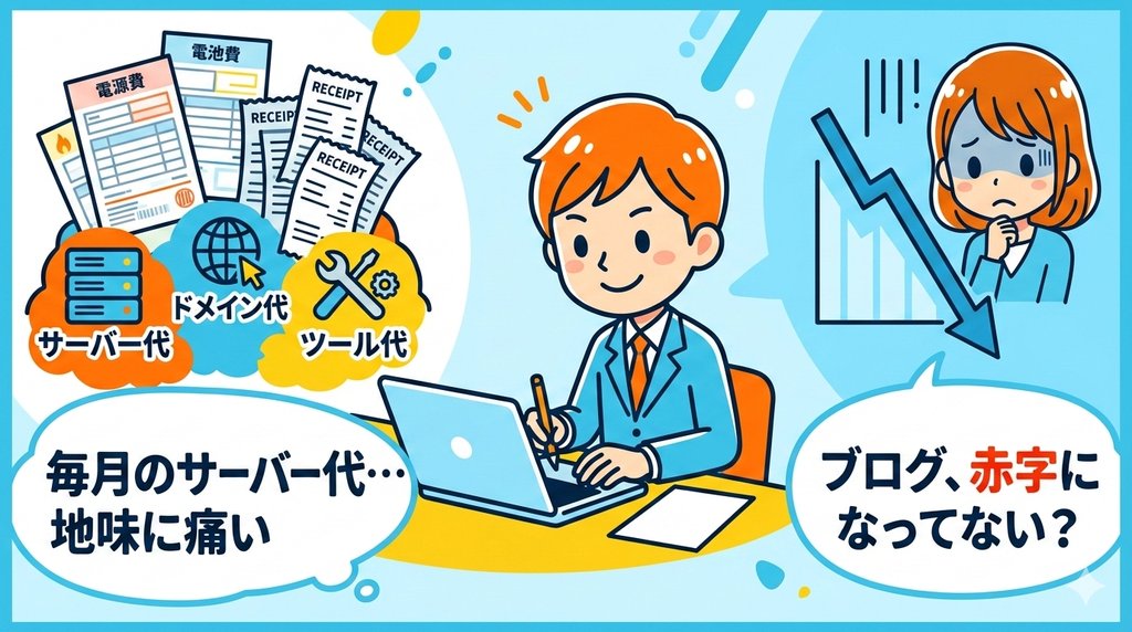 サーバー代・ドメイン代・ツール代が積み重なりブログが赤字になっている様子のイラスト