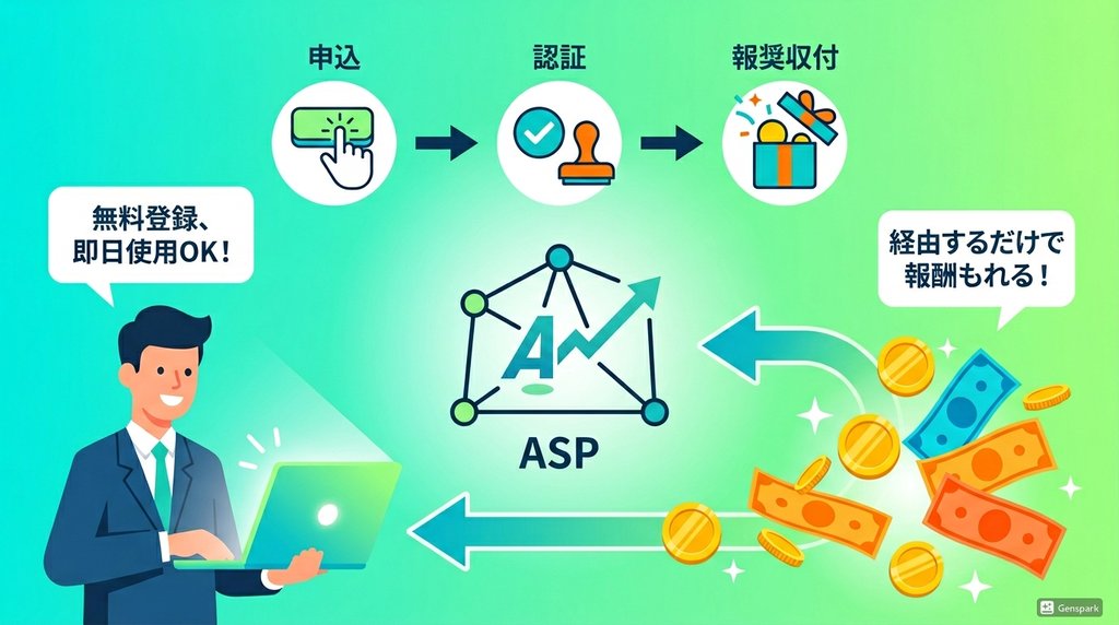 A8.netセルフバックの申込・認証・報酬受取の仕組みを示すフロー図