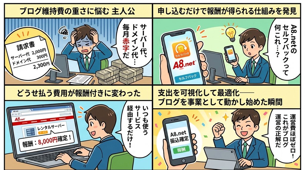 A8.netセルフバック活用から運営費回収までの流れを描いた4コマ漫画