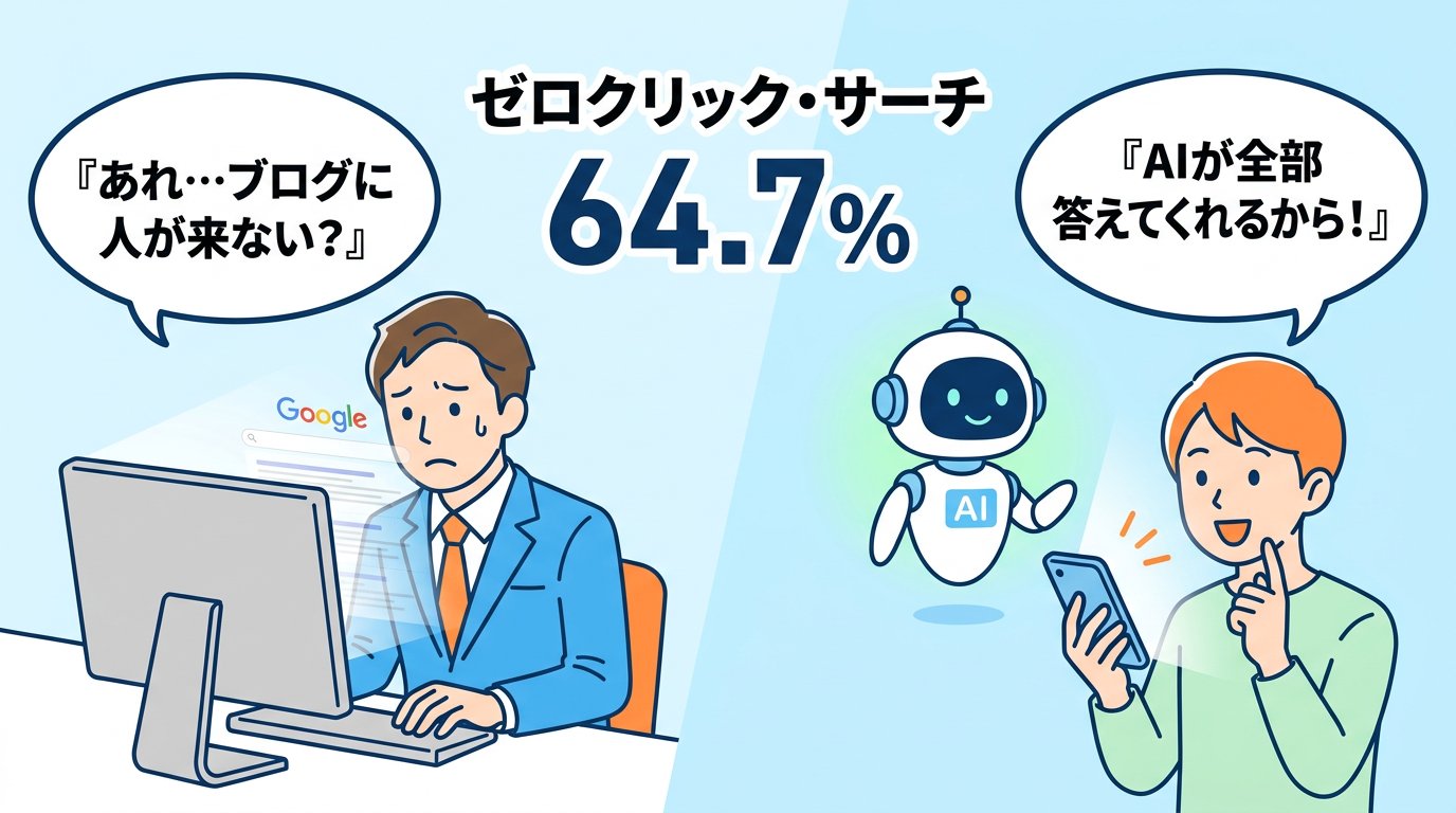 ゼロクリック・サーチ64.7%——ブログに人が来なくなる時代を示す図解