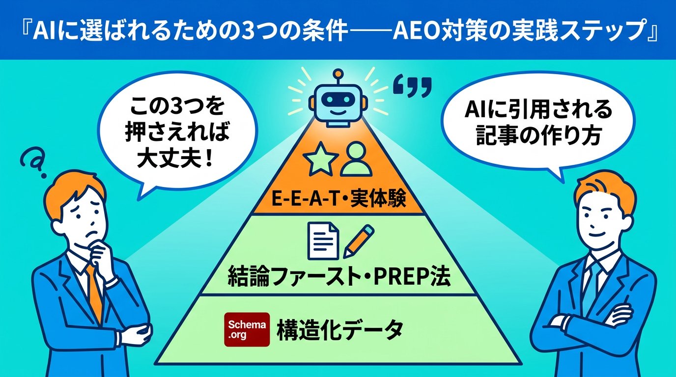 AIに選ばれるための3つの条件——構造化データ・PREP法・E-E-A-Tのピラミッド図解