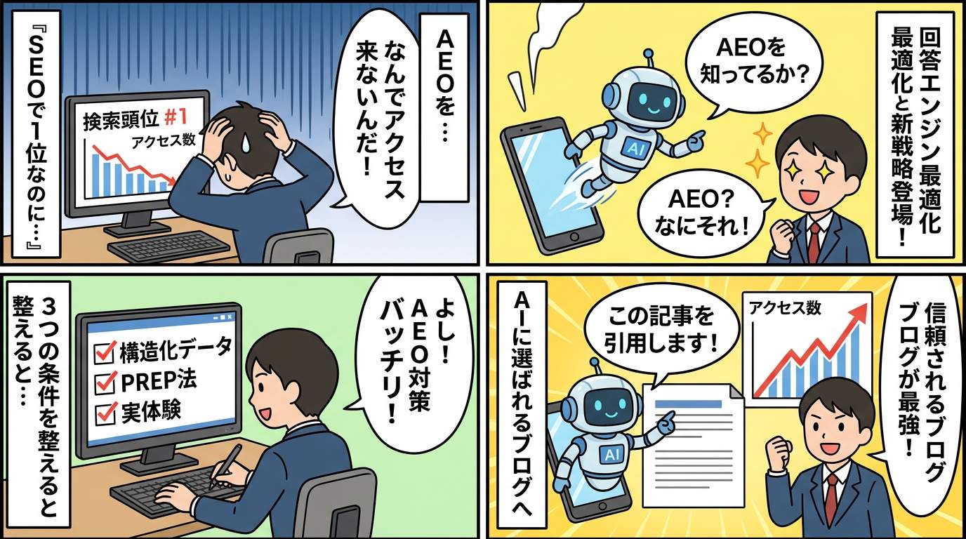AEO対策を実践するビジネスパーソンの4コマ漫画——SEO1位でもアクセスが来ない悩みからAIに選ばれるブログへ
