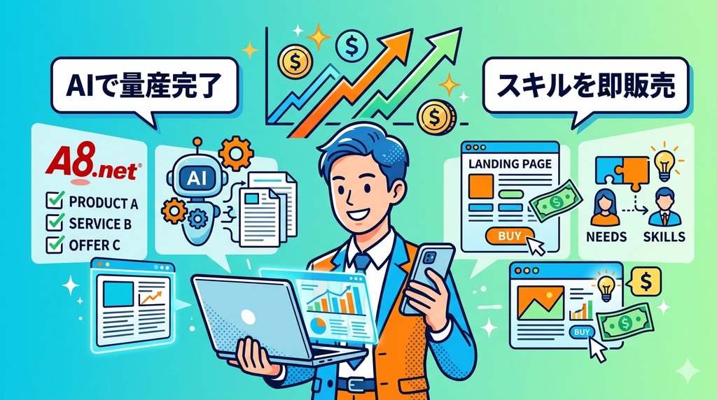 AIで記事量産完了・スキルを即販売するビジネスパーソンのイラスト