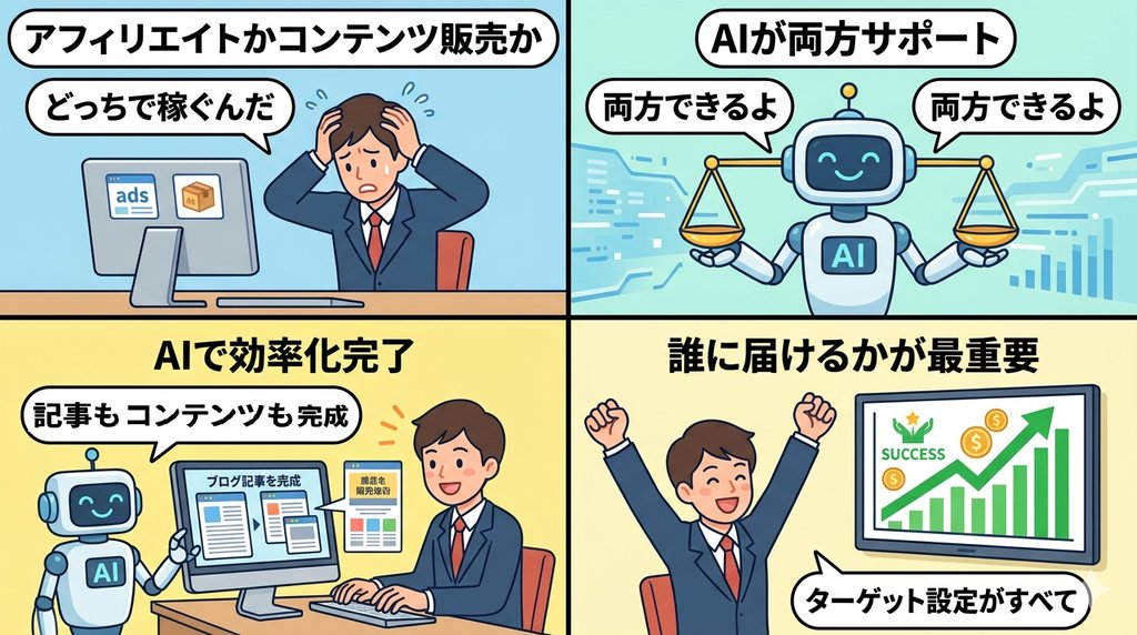 広告収入とコンテンツ販売をAIで使い分ける副業選択術の4コマ漫画