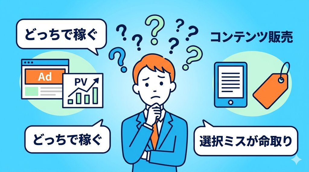 広告収入かコンテンツ販売か迷うブログ副業初心者のイラスト