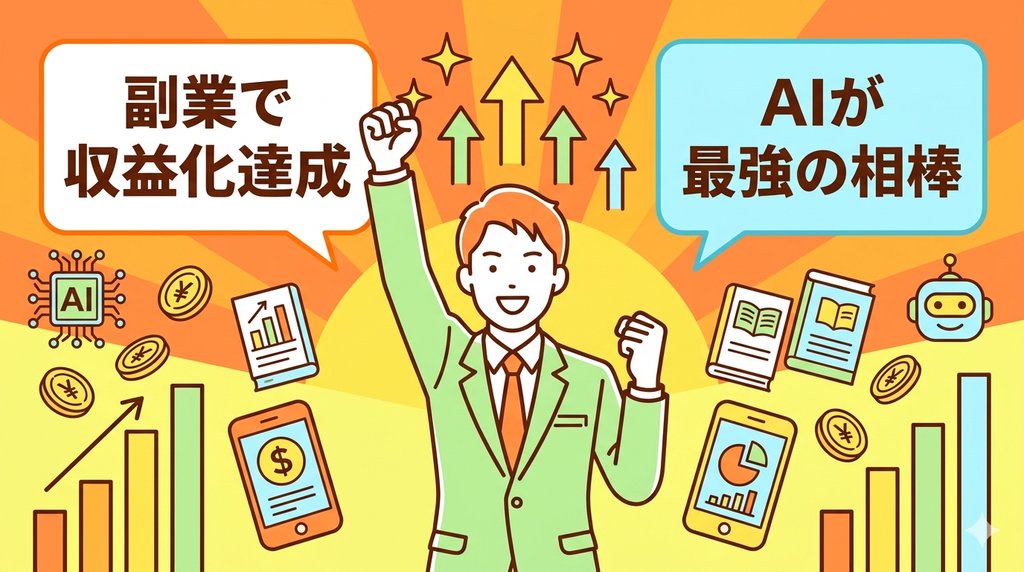 副業で収益化達成・AIが最強の相棒というイラスト