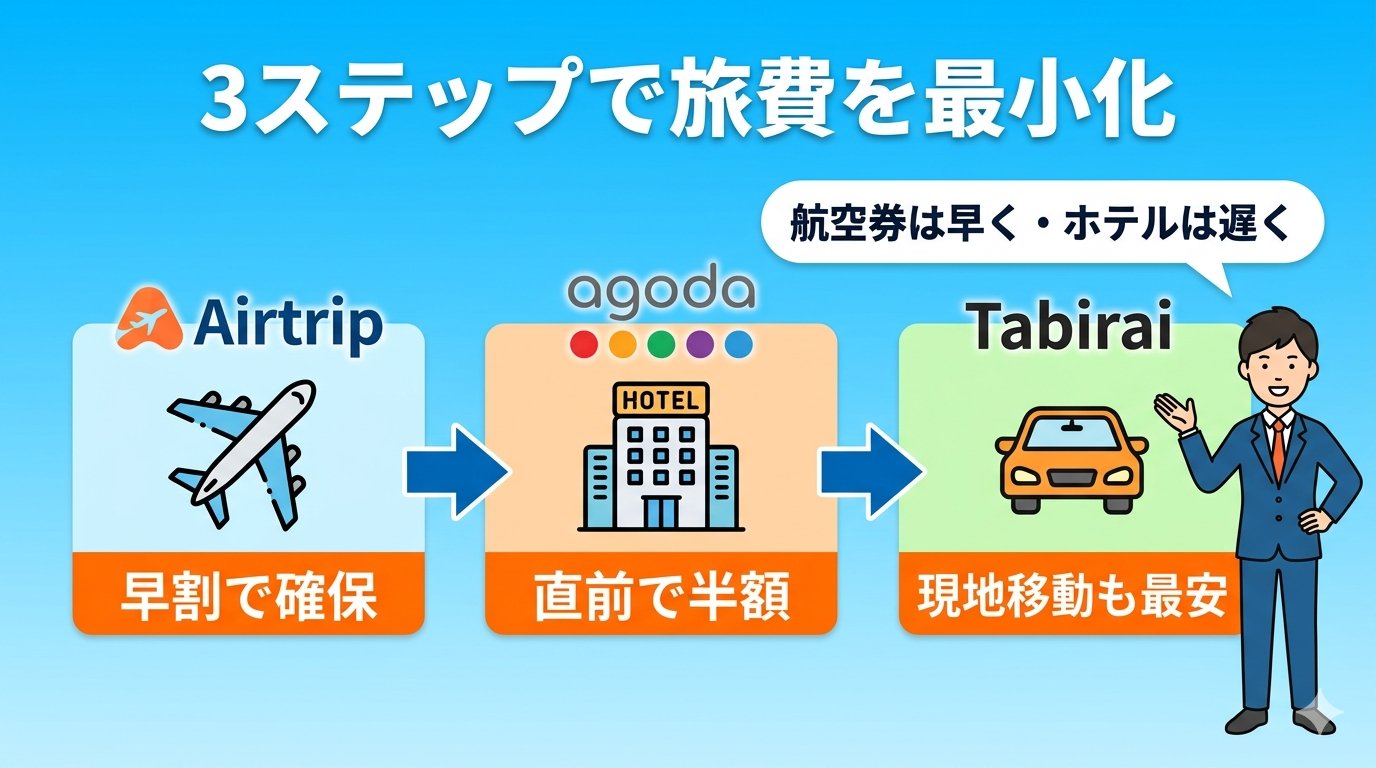 エアトリ・agoda・たびらいの3ステップで旅費を最小化する図解イラスト