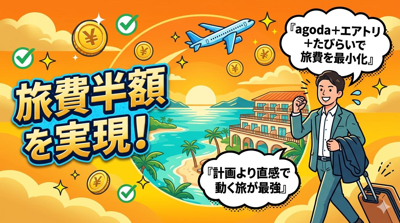 agodaとエアトリとたびらいで旅費半額を実現した理想の未来イメージイラスト