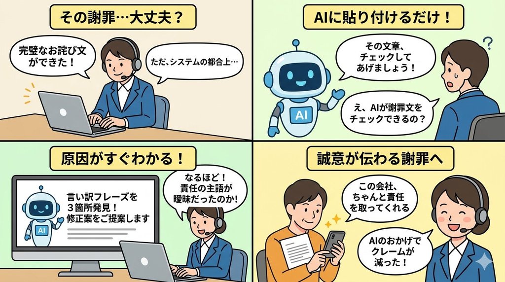 謝罪文AIチェックの流れを4コマ漫画で図解