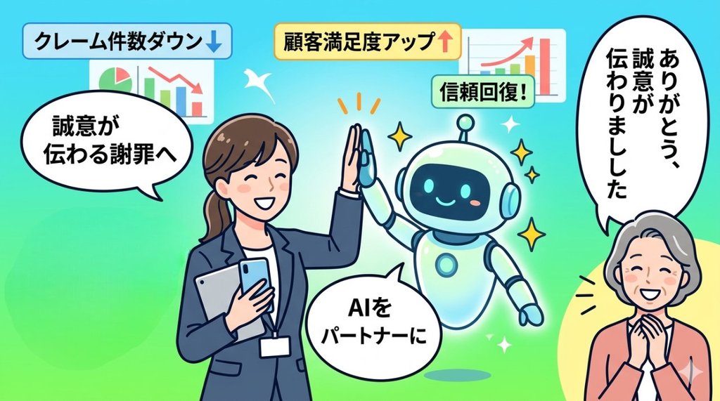 AIをパートナーに誠意が伝わる謝罪へ：クレーム件数ダウン・顧客満足度アップ・信頼回復のイメージ