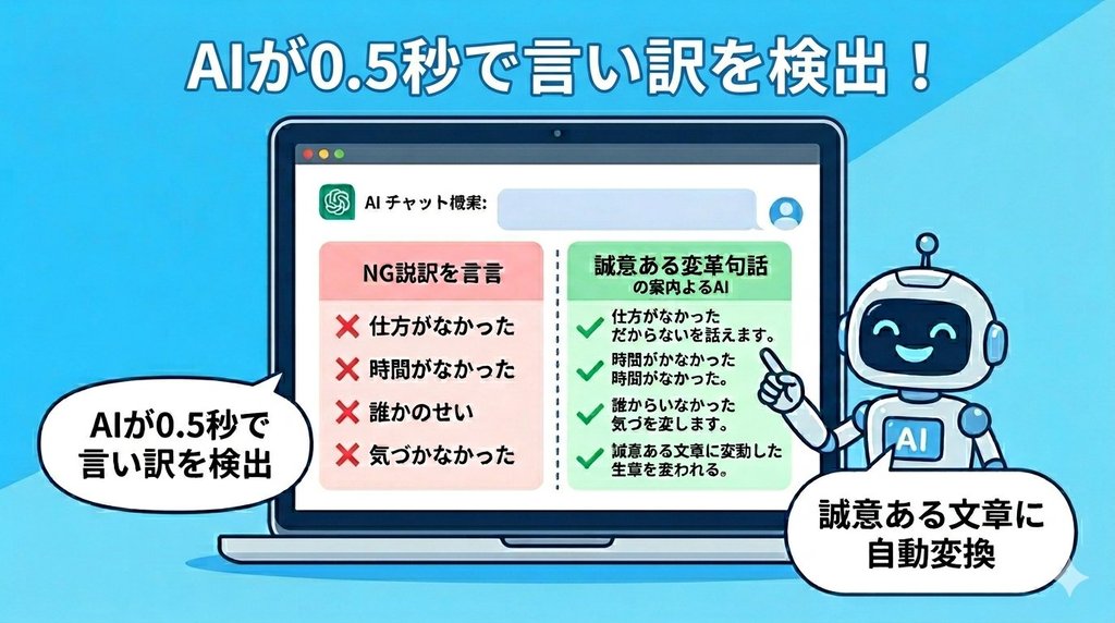 AIが0.5秒で言い訳フレーズを検出し誠意ある文章に自動変換するイメージ
