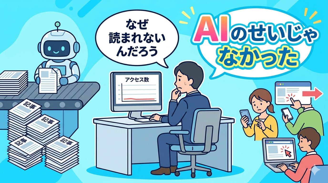 AI記事が読まれない理由を考えるビジネスパーソンのイラスト