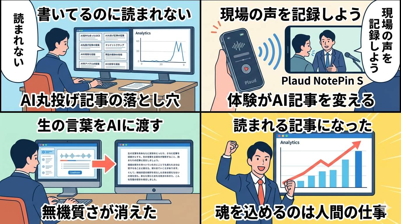 AI記事に体験を混ぜる方法を4コマで解説したイラスト