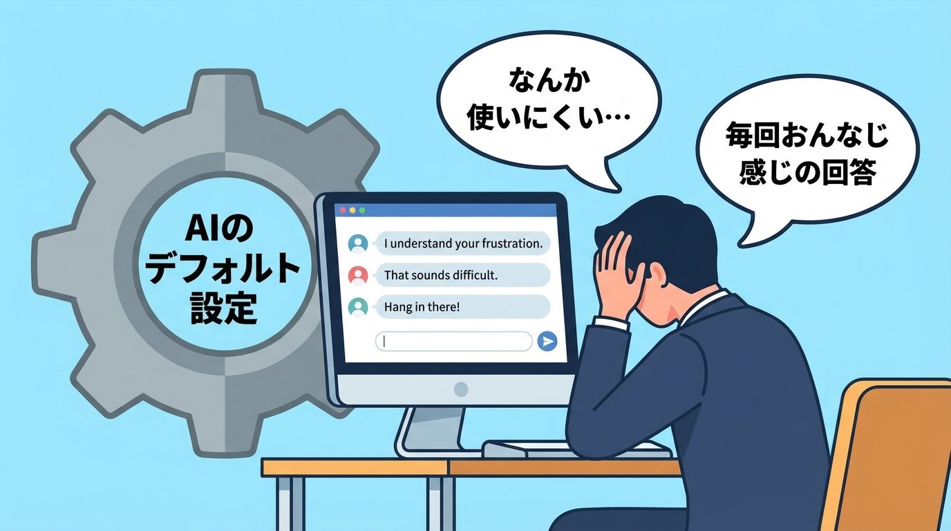AIのデフォルト設定に困惑するビジネスパーソン。画面には共感フレーズが並ぶAIチャット。「なんか使いにくい…」「毎回おんなじ感じの回答」という吹き出し付き。