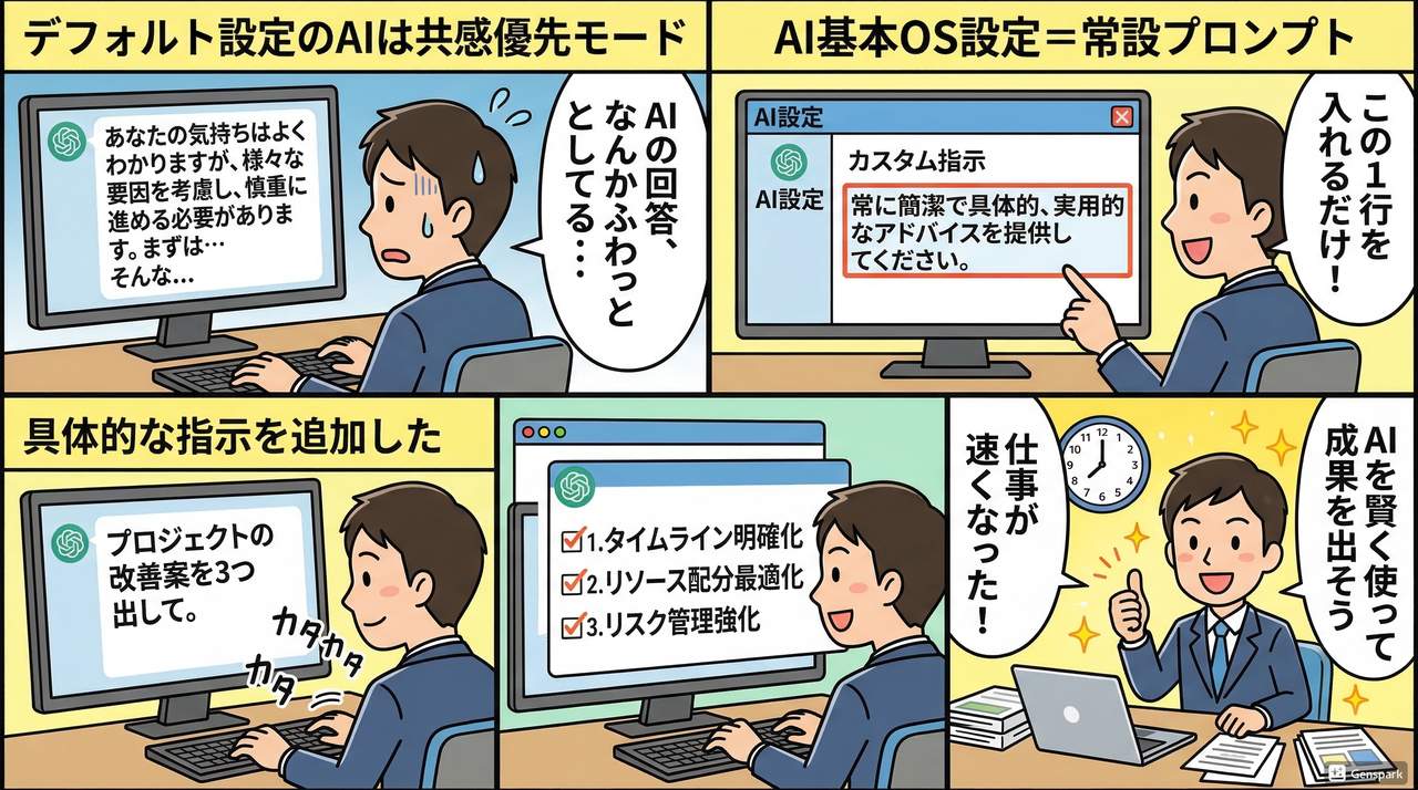 AI基本OS設定の仕組みを解説した4コマ漫画。デフォルトのふわっとした回答から、カスタム指示設定後に箇条書きで的確な回答が返ってくるまでの流れを図解。