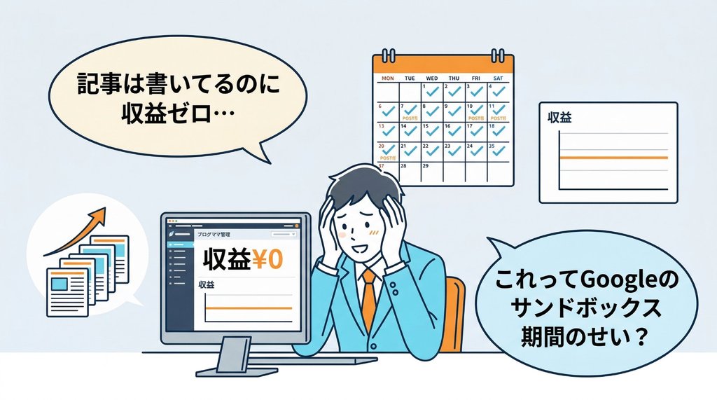 記事は書いてるのに収益ゼロ…Googleのサンドボックス期間を示すイラスト