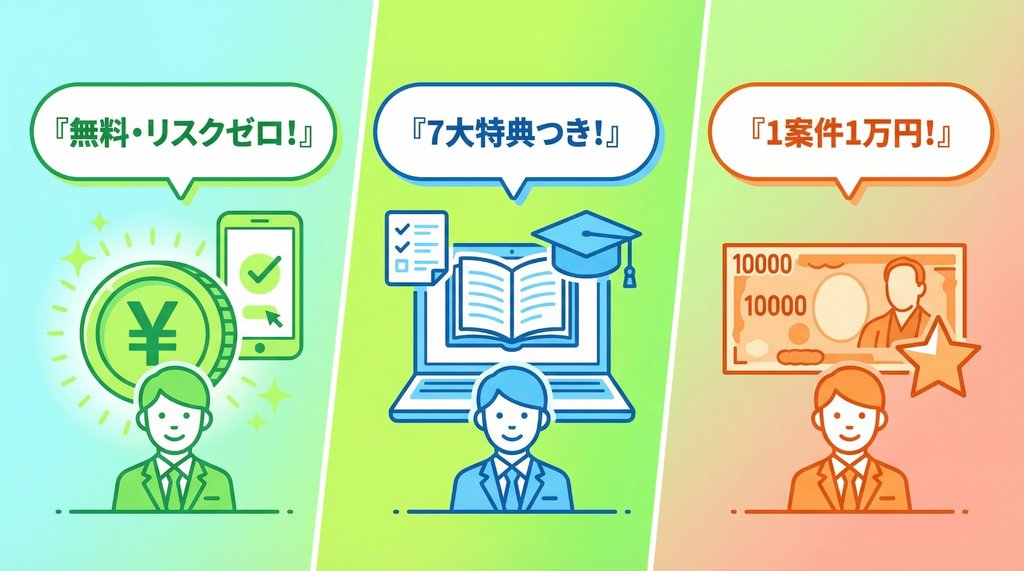 無料・リスクゼロ、7大特典つき、1案件1万円の3つの並走戦略を示すイラスト