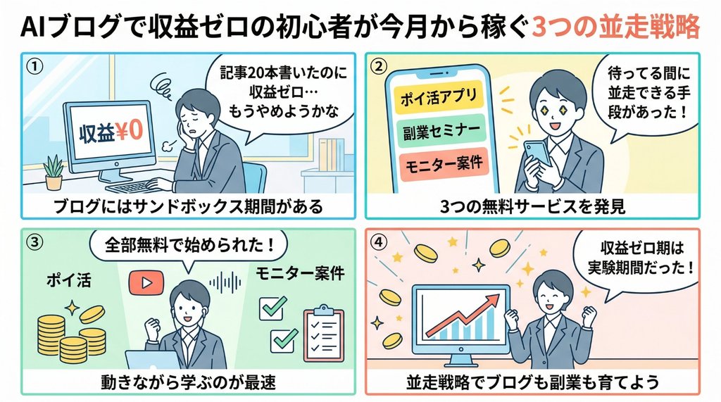 AIブログで収益ゼロの初心者が今月から稼ぐ3つの並走戦略・4コマ漫画