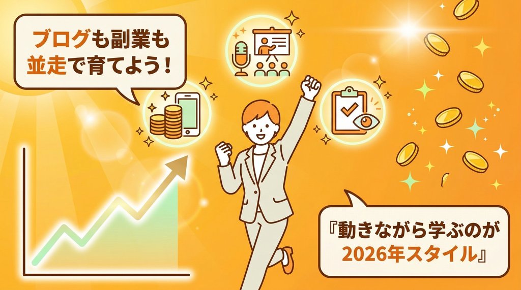 ブログも副業も並走で育てよう・動きながら学ぶのが2026年スタイルを示すイラスト