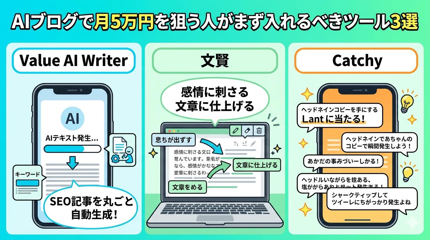Value AI Writer・文賢・Catchyの3ツール機能紹介イラスト