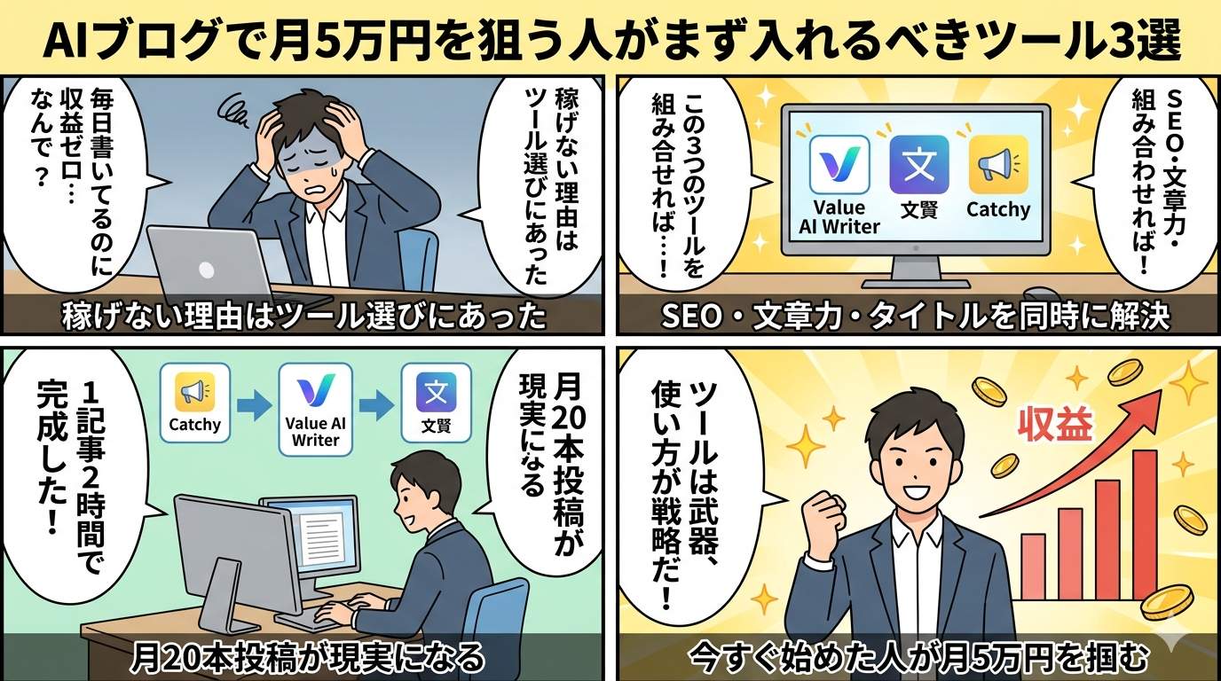 Catchy→Value AI Writer→文賢の3ステップワークフローを描いた4コマ漫画