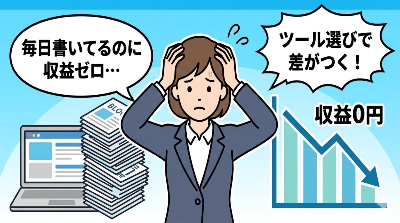 毎日記事を書いているのに収益ゼロで悩むブロガーの課題提起イラスト