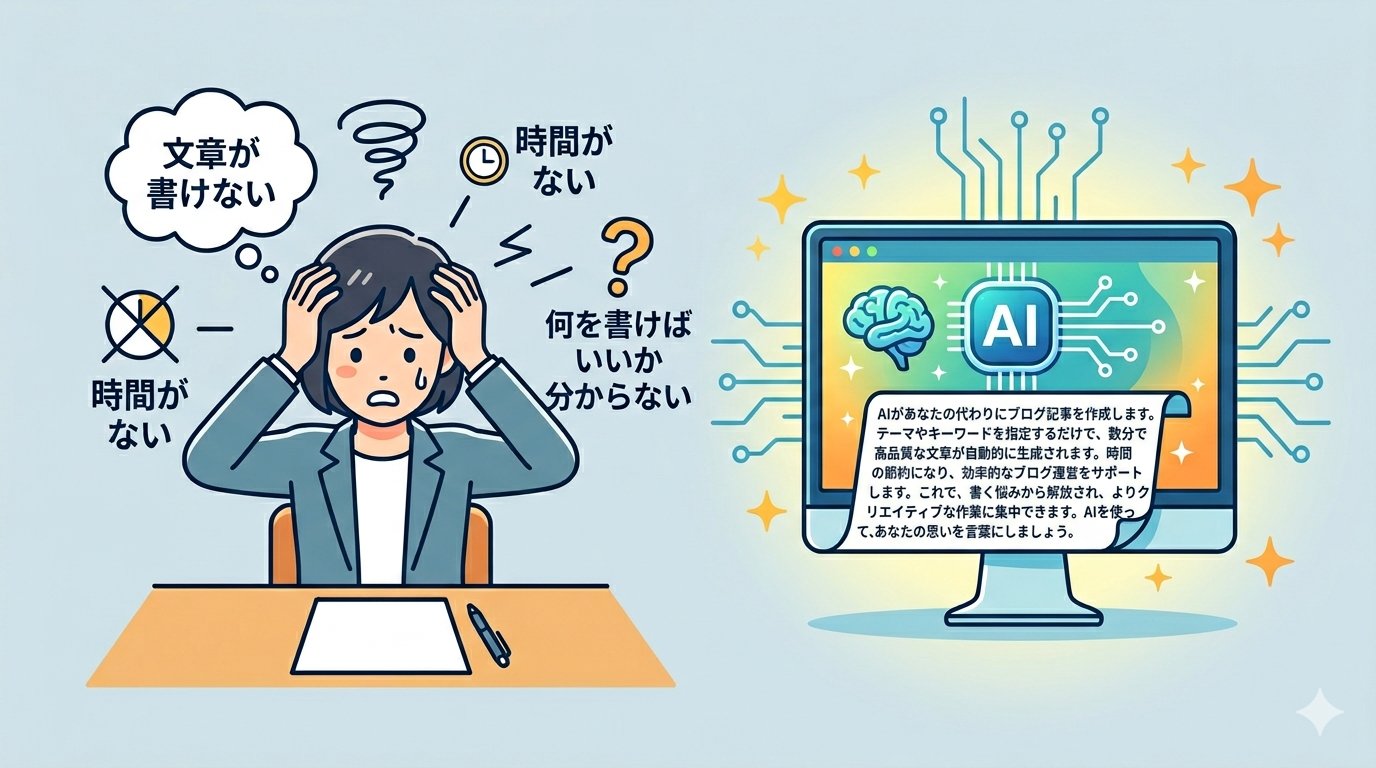 文章が書けない悩みをAIが解決してくれるイメージ図