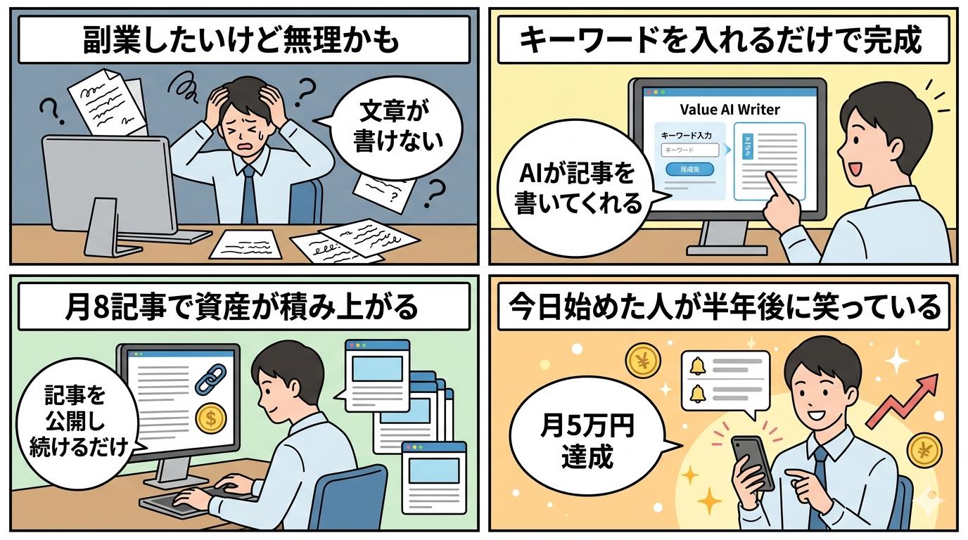 AIブログ副収入の4ステップを描いた4コマ漫画
