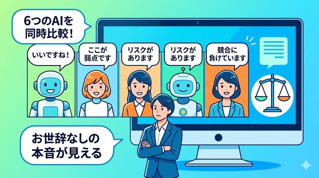 6つのAIを同時比較してお世辞なしの本音を引き出すイメージ