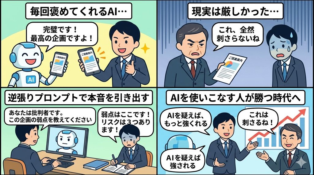 逆張りプロンプトでAIに本音を引き出す4コマ漫画。AIのお世辞に気づき使いこなす人が勝つ時代へ