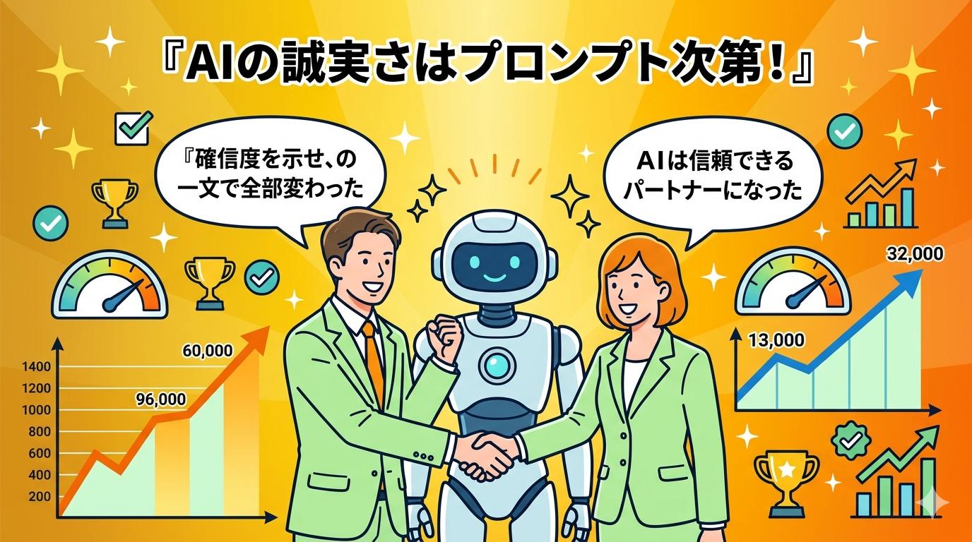 AIと人間が握手し信頼関係を築いた理想の未来を描いたイラスト