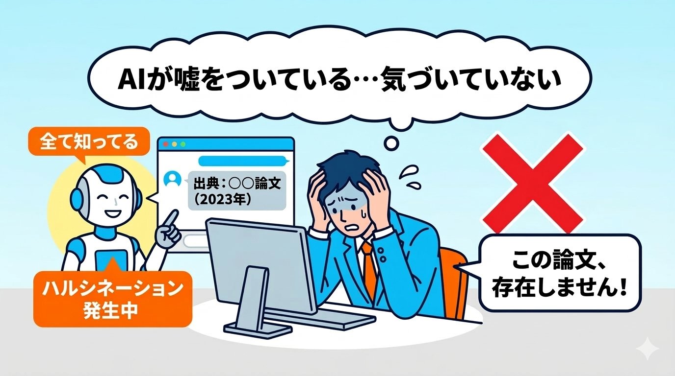 AIがハルシネーションを起こし存在しない論文を答えている場面のイラスト