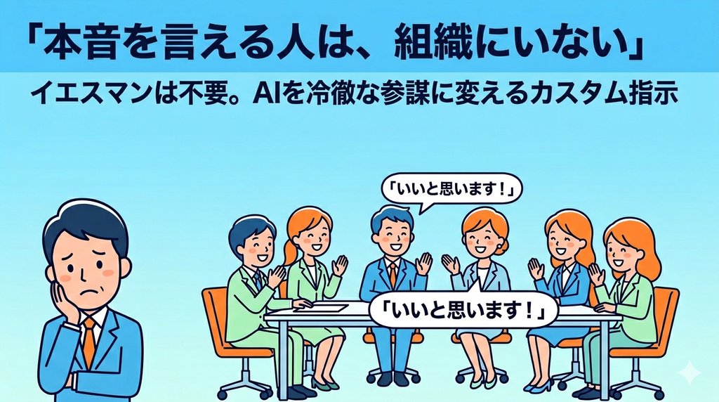会議室でイエスマンが並ぶ中、孤独に悩む経営者のイラスト