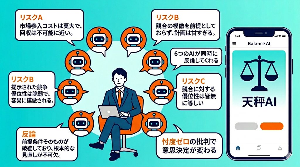 6つのAIが同時に反論・リスク指摘をする天秤AIの活用イメージ