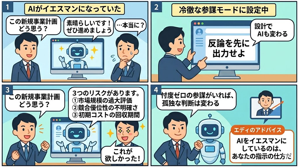 AIがイエスマンから冷徹な参謀に変わる過程を描いた4コマ漫画