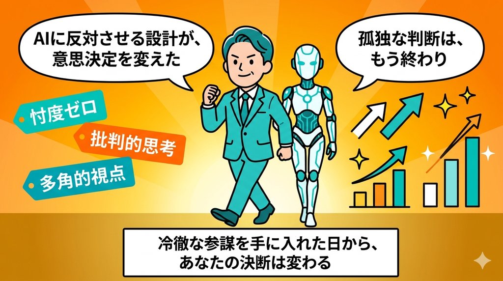 冷徹な参謀AIを手に入れた経営者が自信を持って前進するイメージ