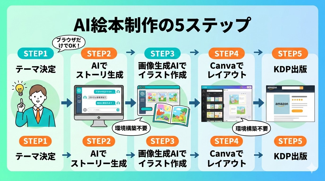 AI絵本制作の5ステップ：テーマ決定からKDP出版までのフロー図解