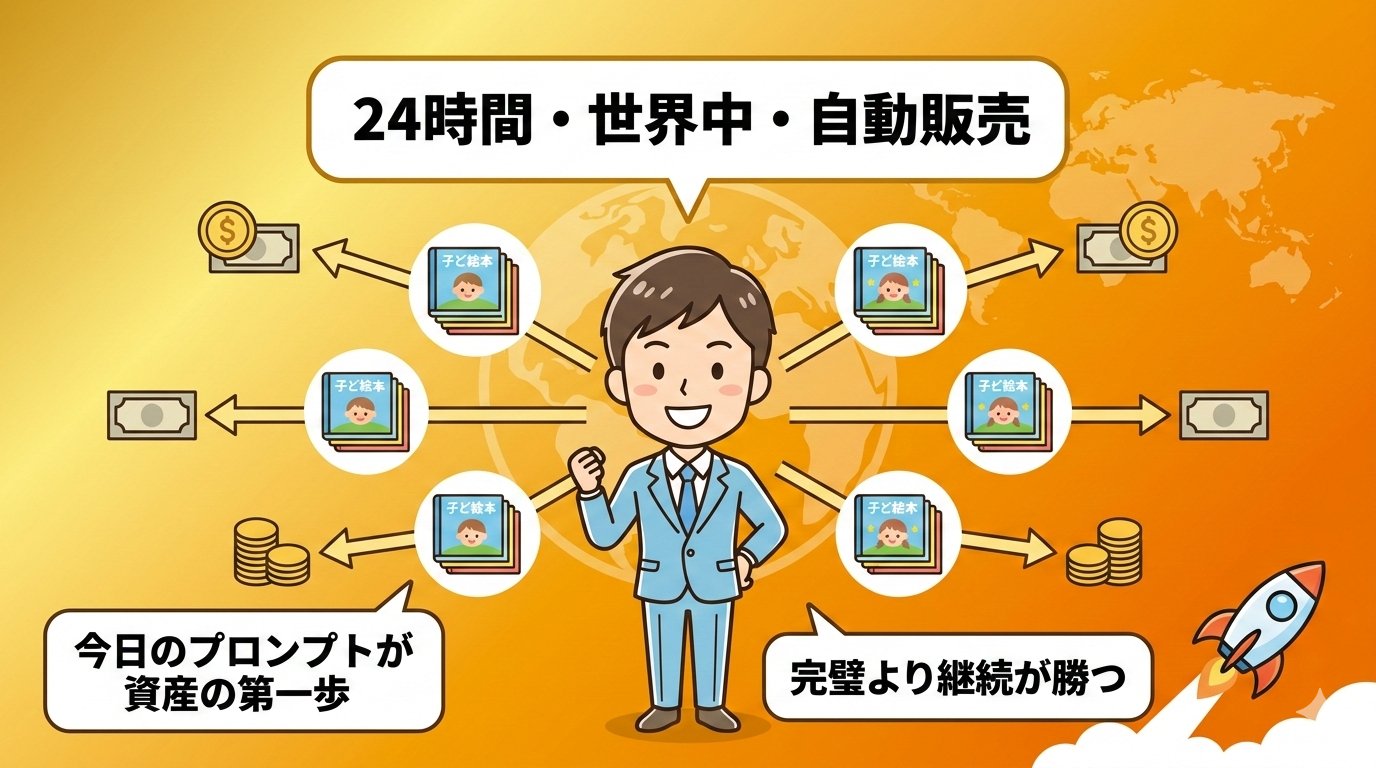 24時間・世界中・自動販売：AI絵本が収益資産として積み上がる未来イメージ