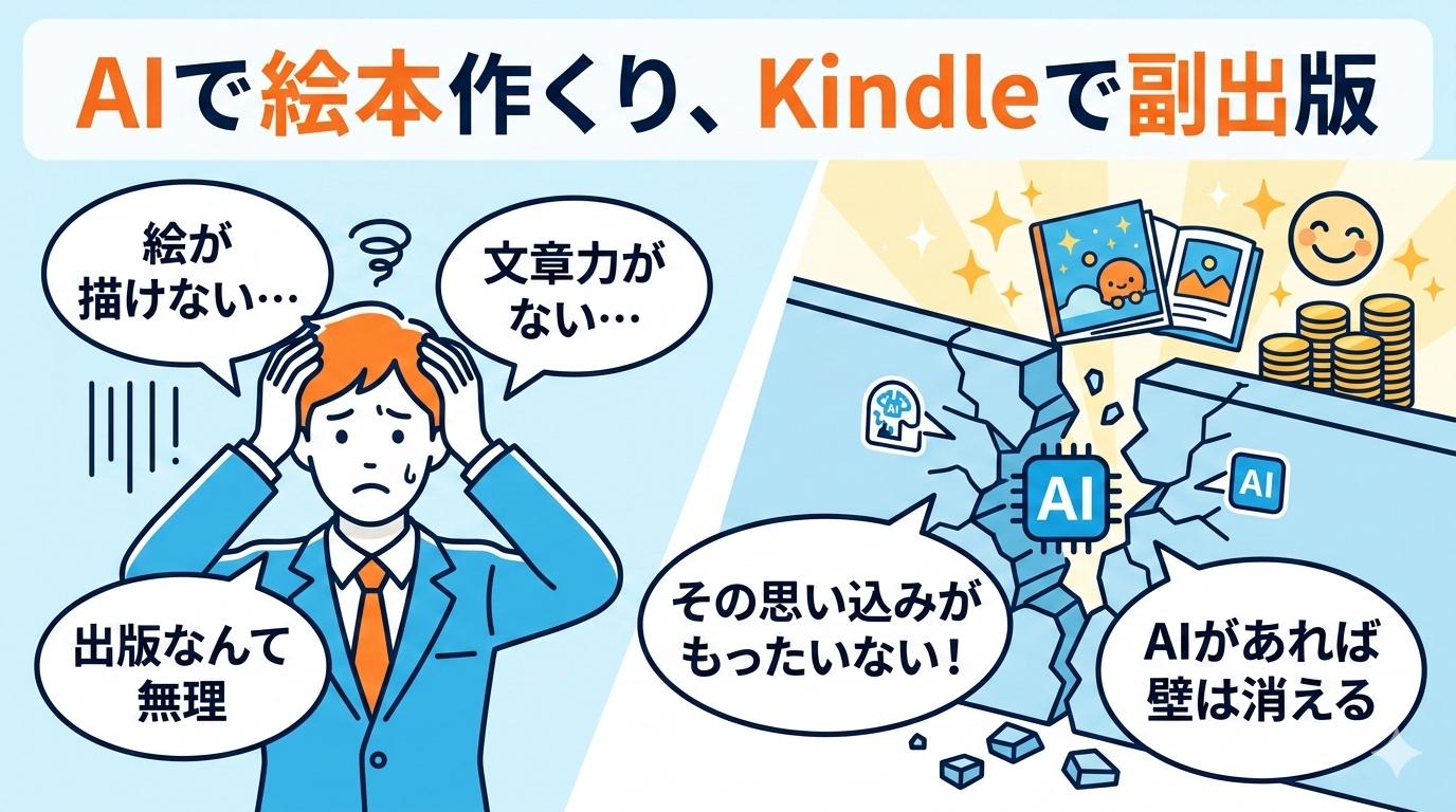絵が描けない・文章力がないという思い込みをAIが壊すイメージ図
